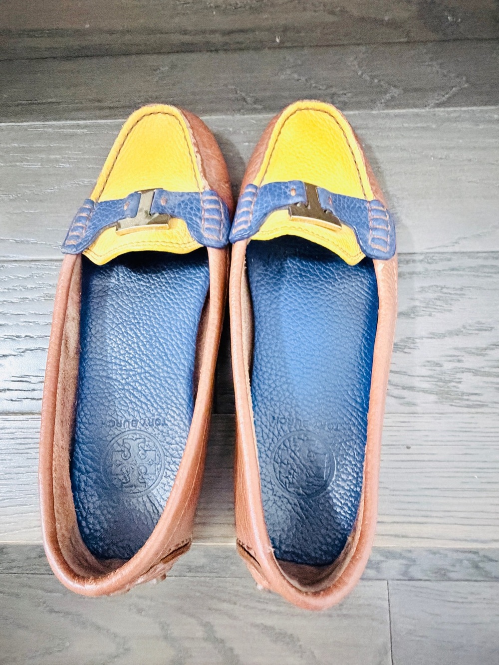 Tory Burch Brown, Navy & Yellow Two-Tone Leather Loafers
